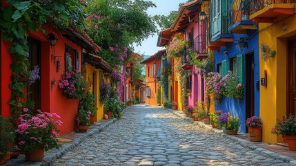 Fototapeta premium Cobblestone street, colorful houses, vibrant flowers.