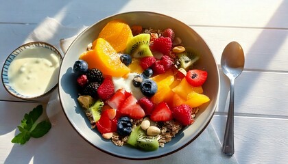 Healthy food in a bowl on a white background. Breakfast with morning sunlight. Healthy concept.