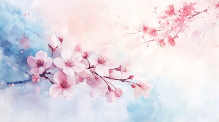 Fototapeta premium Beautiful Watercolor Cherry Blossom Branch with Soft Pink and Blue Background