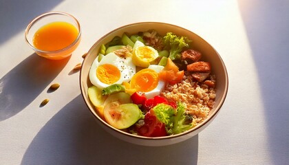 Healthy food in a bowl on a white background. Breakfast with morning sunlight. Healthy concept.