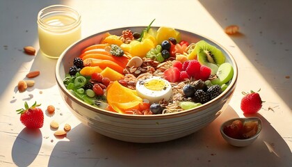 Healthy food in a bowl on a white background. Breakfast with morning sunlight. Healthy concept.