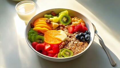 Healthy food in a bowl on a white background. Breakfast with morning sunlight. Healthy concept.