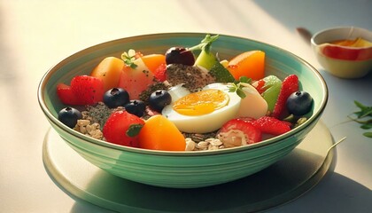 Healthy food in a bowl on a white background. Breakfast with morning sunlight. Healthy concept.