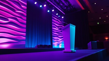 Brightly Lit Stage with Podium and Colorful Backdrop for Event or Presentation