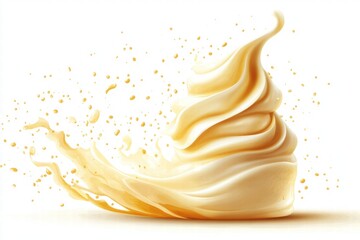 Whipped Cream Splash with Smooth Swirls and Droplets Captured Against a White Background for Delicious Dessert Imagery