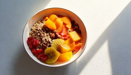 Healthy food in a bowl on a white background. Breakfast with morning sunlight. Healthy concept.