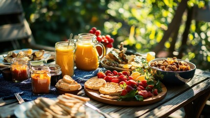 Delicious Summer Brunch Outdoor Garden Feast with Fruit, Toast, and Juice