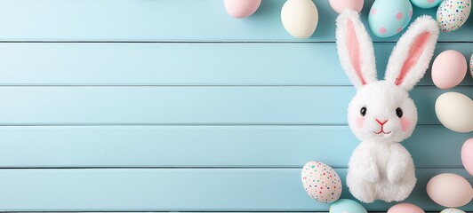 Fototapeta premium Easter celebration with bunny and colorful eggs blue background festive decor playful atmosphere top view spring vibes