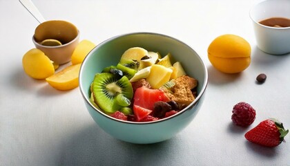 Healthy food in a bowl on a white background. Breakfast with morning sunlight. Healthy concept.