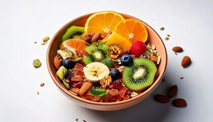 Healthy food in a bowl on a white background. Breakfast with morning sunlight. Healthy concept.