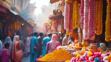 Fototapeta premium A bustling Indian market during Holi, filled with colorful powders, garlands, and vibrant decorations under warm sunlight 