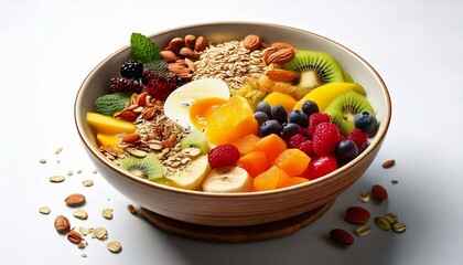 Healthy food in a bowl on a white background. Breakfast with morning sunlight. Healthy concept.