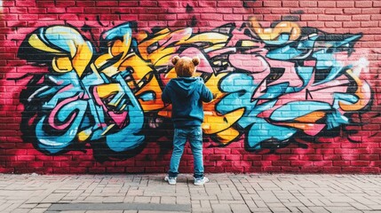Obraz premium Child admiring vibrant graffiti art on a brick wall.