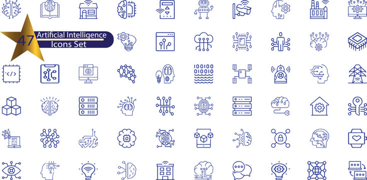 Ensemble d'ic&ocirc;nes d'intelligence artificielle. Contenant l'apprentissage automatique, la science