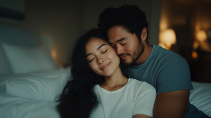 Fototapeta premium couple sharing tender moment in cozy bedroom, radiating love and warmth. soft lighting enhances their intimate connection.