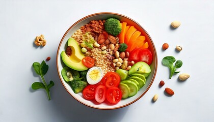 Healthy food in a bowl on a white background. Breakfast with morning sunlight. Healthy concept.