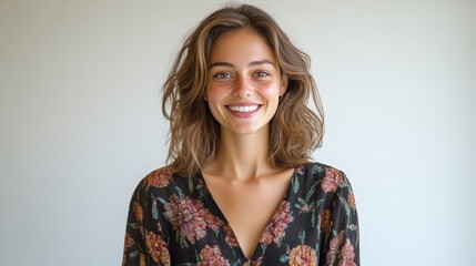 Obraz premium Joyful young woman with natural beauty and casual floral dress smiling confidently in bright indoor setting