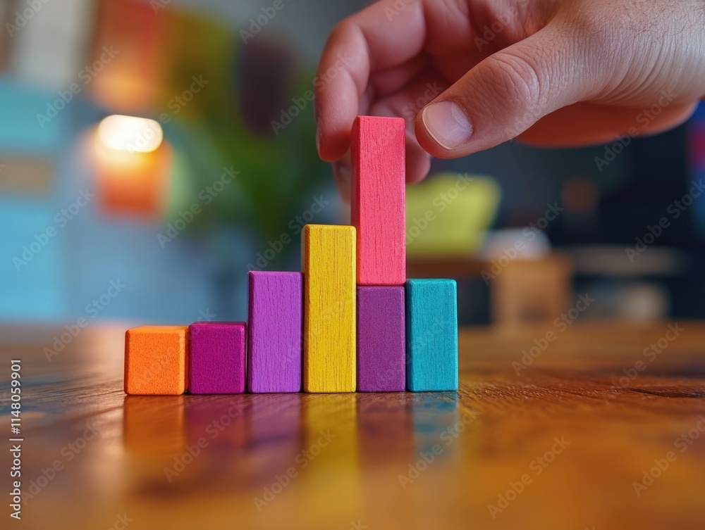 Poster hand stacks colorful blocks like rising bar chart.
