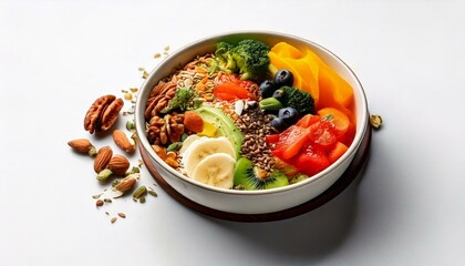 Healthy food in a bowl on a white background. Breakfast with morning sunlight. Healthy concept.