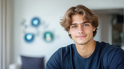 Young Man with Beautiful Smile Posing in Bright Modern Room with Artistic Decor and Soft Lighting
