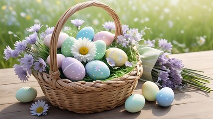 Easter Eggs in Decorated Basket with Spring Flowers, Easter Day, AI Generative
