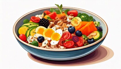 Healthy food in a bowl on a white background. Breakfast with morning sunlight. Healthy concept.