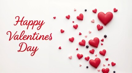 A digital illustration of sculptural clay art in minimalist style on white background. Cascading red and pink hearts and  dots are to the right, with Happy Valentine's day - Generated by Ai