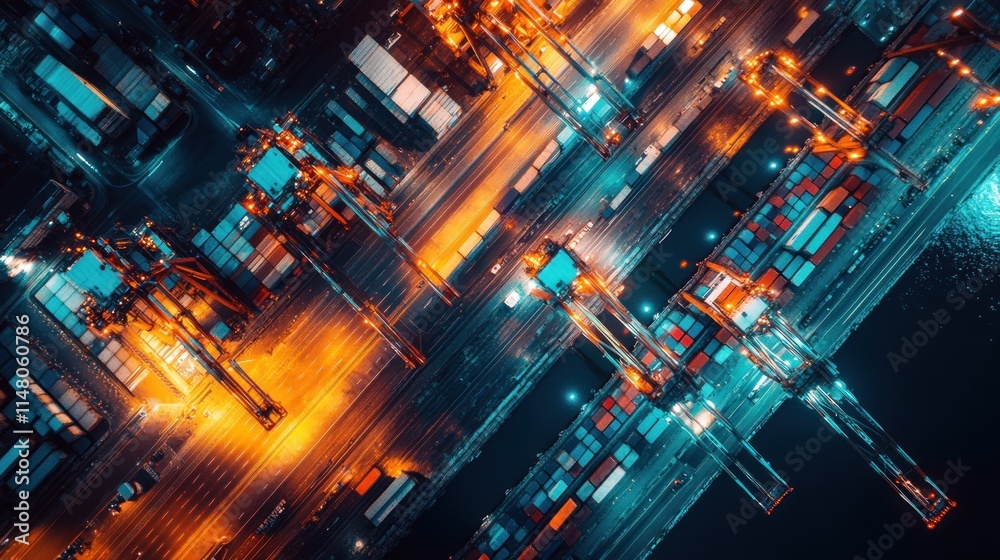 Poster aerial view of lit port with shipping containers at night.
