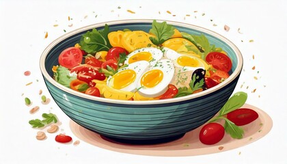 Healthy food in a bowl on a white background. Breakfast with morning sunlight. Healthy concept.
