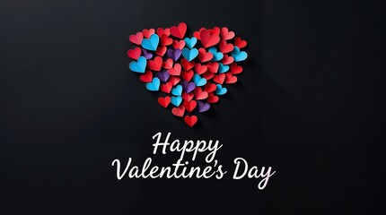 Digital artwork, layered papier-m&acirc;ch&eacute; style, heart shape composed of small red and blue paper hearts on black background, Happy Valentine's Day in white cursive font below - Generated by Ai