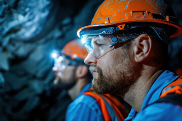 A close-up of a miner wearing an orange helmet and protective goggles, illuminated by a headlamp in...