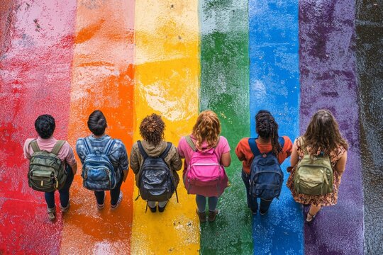 Group of multi-ethnic students with backpacks standing on a colorful rainbow crosswalk promoting diversity, inclusion and equal opportunities