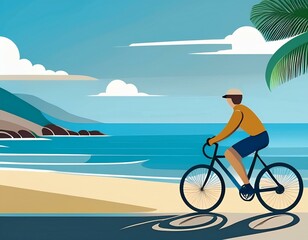 Fototapeta premium 海岸の道路を自転車で走っている人