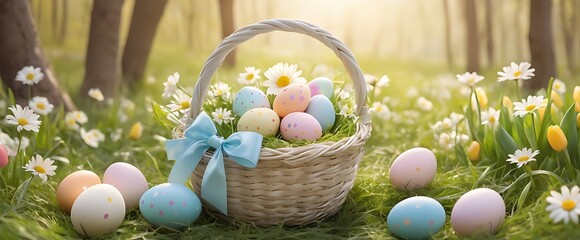 Easter Eggs in Decorated Basket with Spring Flowers, Easter Day, AI Generative
