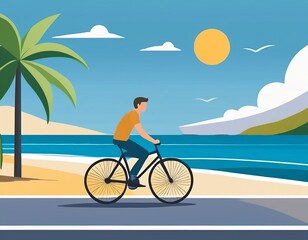 Fototapeta premium 海岸の道路を自転車で走っている人