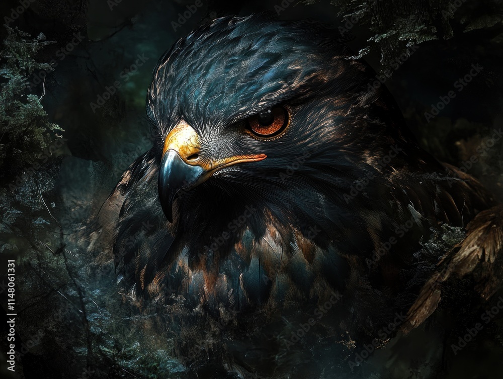 Poster intense hawk portrait with dark plumage and sharp gaze.
