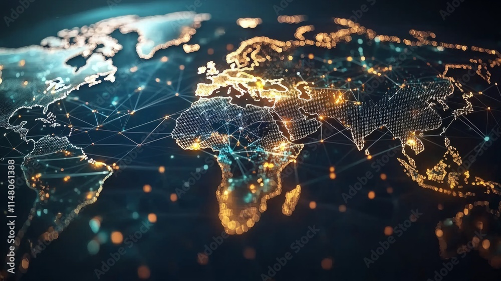 Poster this captivating world map showcases a web of glowing connections across continents, illustrating th