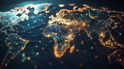 This captivating world map showcases a web of glowing connections across continents, illustrating the dynamic flow of financial interactions worldwide, highlighting economic interdependence
