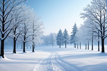 snowy trees line a path through a snowy park