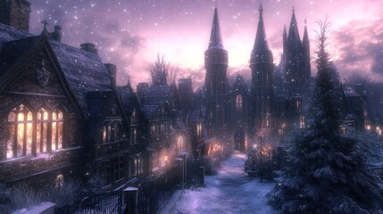 Snowy village street at twilight with gothic architecture and snow-covered trees.
