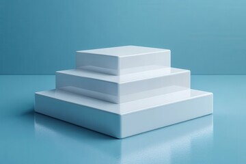 A minimalist display of three stacked white boxes on a blue surface.