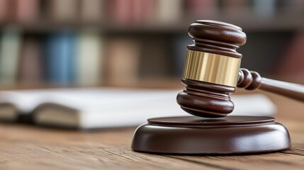 A wooden gavel rests on a desk, symbolizing justice and legal proceedings.