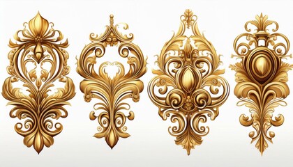 Gold ornament. Set of golden baroque floral ornaments with intricate details, isolated on white background