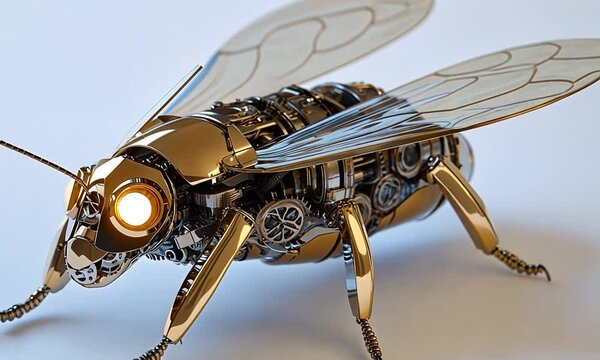 A metallic, robotic bee with intricate gears and glowing eyes, showcasing futuristic design.