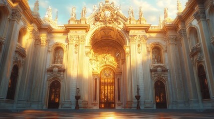 Obraz premium Ornate cathedral entrance, golden sunset light.