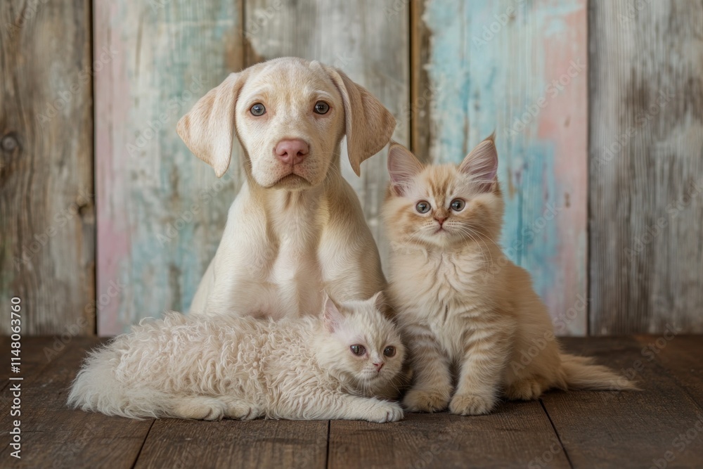 Wall mural Cute puppy and two kittens sit near wood backdrop.