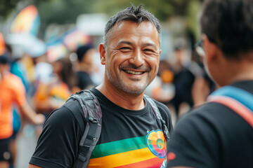 Naklejka premium Happy man wearing a rainbow t-shirt is smiling during a gay pride parade