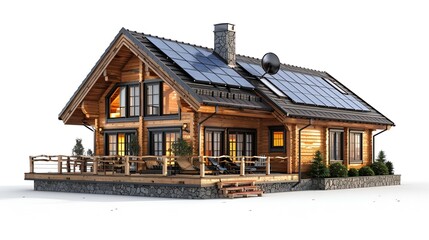 A contemporary wooden home with expansive windows made of glass, set against a white backdrop