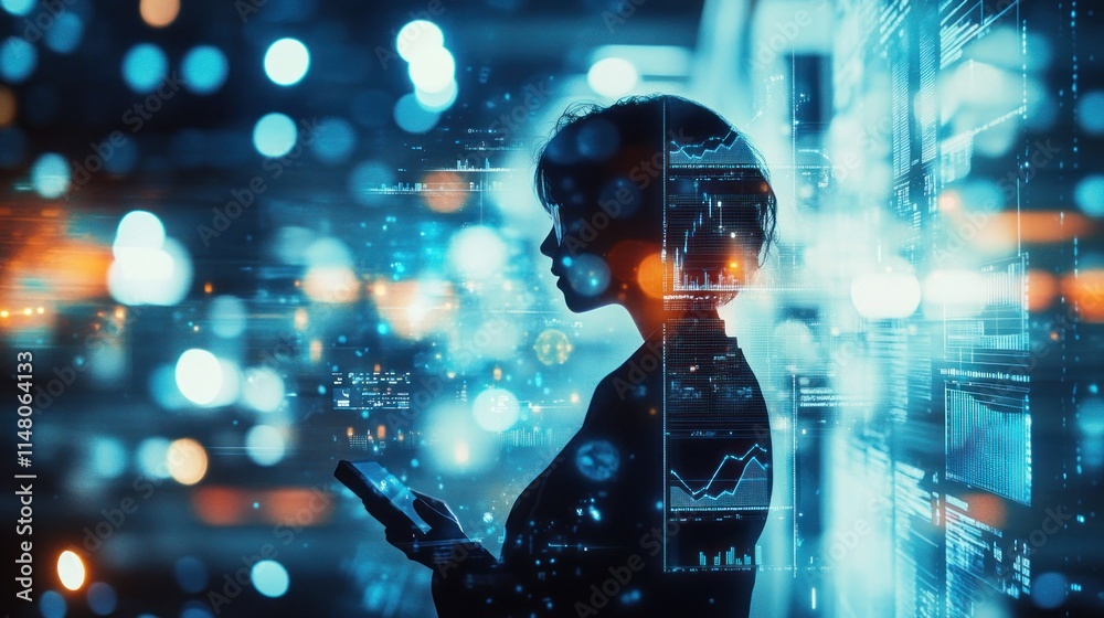 Poster silhouette of person using phone, data visualization, blue bokeh lights.