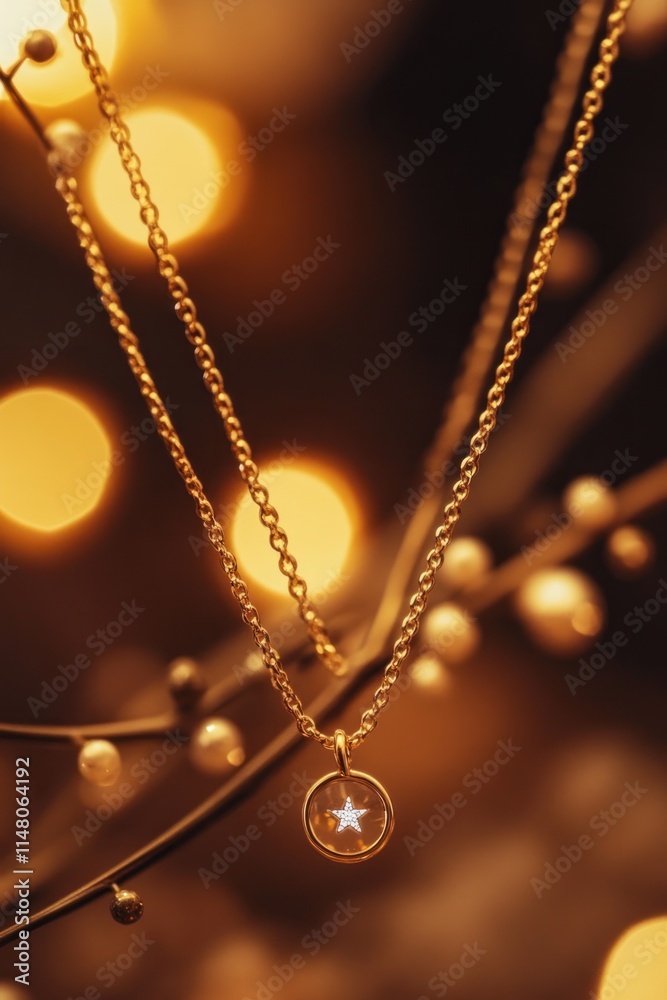 Poster golden layered chain necklace with star charm on bokeh background.